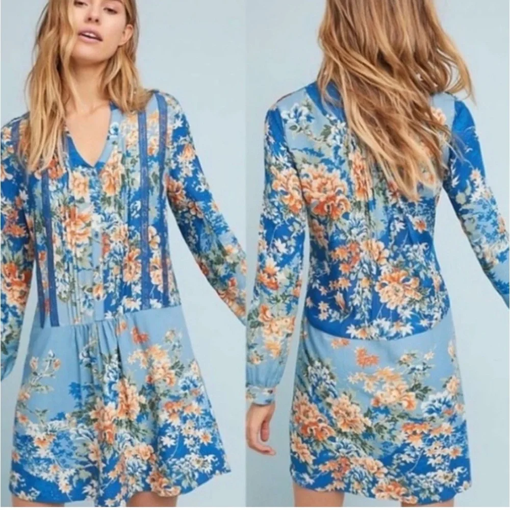 Anthropologie‎ Tiny Gaina Tunic Shift Floral Lace Trim Dress Sz XS